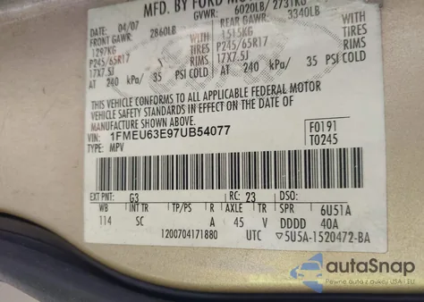 2007 Ford Explorer Xlt из США, поврежденный, VIN 1FMEU63E97UB54077